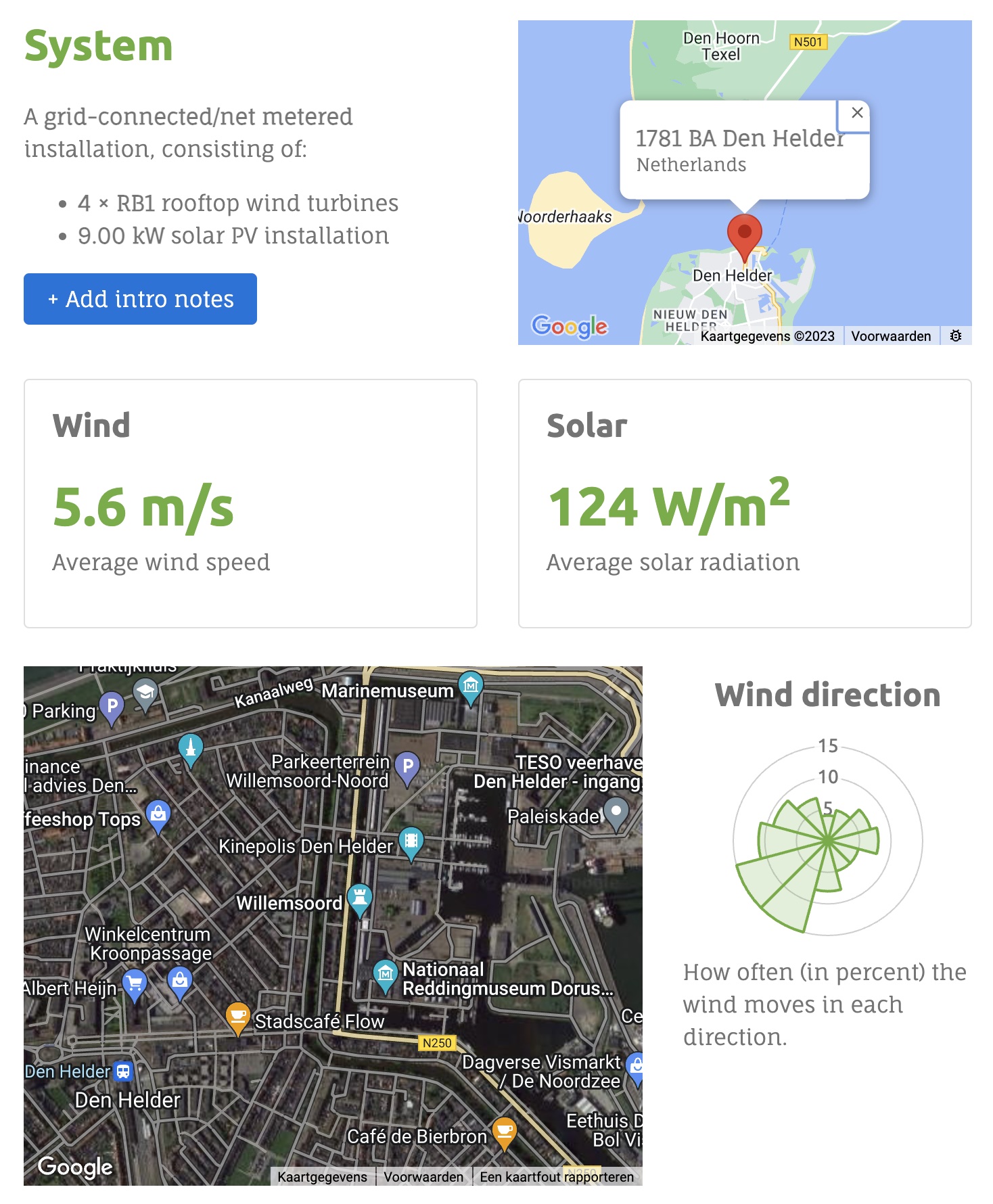 System - a grid-connected/net metered installation, consisting of 4x rooftop wind turbines. 9kW solar PV installation. Average wind speed 5.6m/s solar 124W/m2, Wind direction, how often (in percent) the wind moves in each direction
